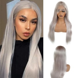 OiMiGO 30 Inch Lace Front Long Wigs Human Hair 13x4 HD Transparent Glueless Wigs Human Hair Wigs for Women Straight Frontal Wigs Human Hair Pre Plucked Small Bleached Knots 180% Density(#Grey,30Inch)