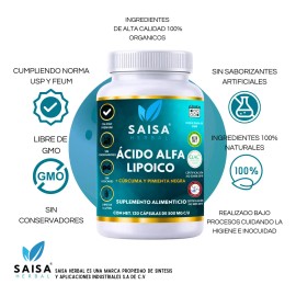 Ácido Alfa Lipoico 600 Por Porción 120 Cápsulas Saisa Herbal Antioxidante Potente Protección Celular Suplemento Natural