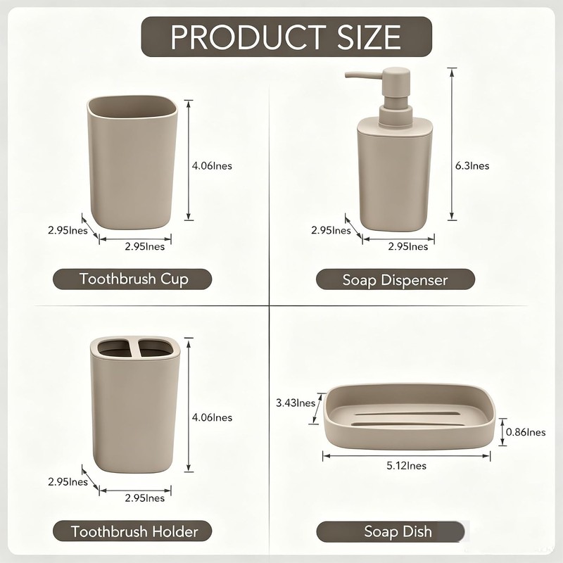 Juego de accesorios de baño beige mate, 4 dispensadores de