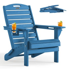 SUUNYN Folding Adirondack Chair HDPE All-Weather Adirondack Chairs with Cup Holder, Outdoor Fire Pit Chairs Lawn Chair for Deck Patio Garden (NavyBlue)