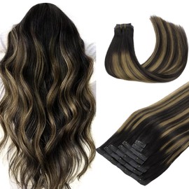 DOORES DOORES Seamless Clip in Hair Extensions Real Human Hair Extensions, Natural Black Mixed Chestnut Brown 110g 16 Inch 7pcs, Human Hair Extensions Clip ins Straight Hair Remy Natural Hair