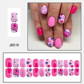 Valentines Press on Nails Short Square Pink Acrylic Fake Nails Colorful Heart False Nails with Lip Print Design Glossy Glue on Nails Romantic Cute Stick on Nails for Women Valentines Nails Decor 24Pcs