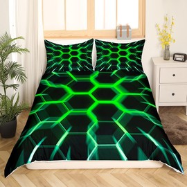 Honeycomb Single Bedding Sets for Boys Kids Black Green Hexagon Geometrical Duvet Cover,3D Geometric Beehive Print Hexagonal Comforter Cover Neon Lights Glowing Bed Set Ultra Soft Room Decor…