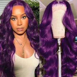 Missyvan Purple Body Wave 13x4 Lace Frontal Wigs HD Lace Front Wigs Glueless Pre Plucked Bluish Violet Glueless Wigs 28 Inch Soft Hair Natural Hair Line Baby Hair Heat Resistant