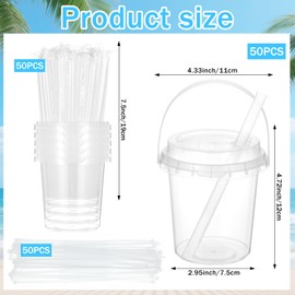 50 Sets Clear Plastic Drink Buckets with Lids Straws and Handles 24 oz Disposable Ice Cream Cups Cocktail Drinking Buckets for Outdoor Holiday Travel Beach Birthday Party Supplies