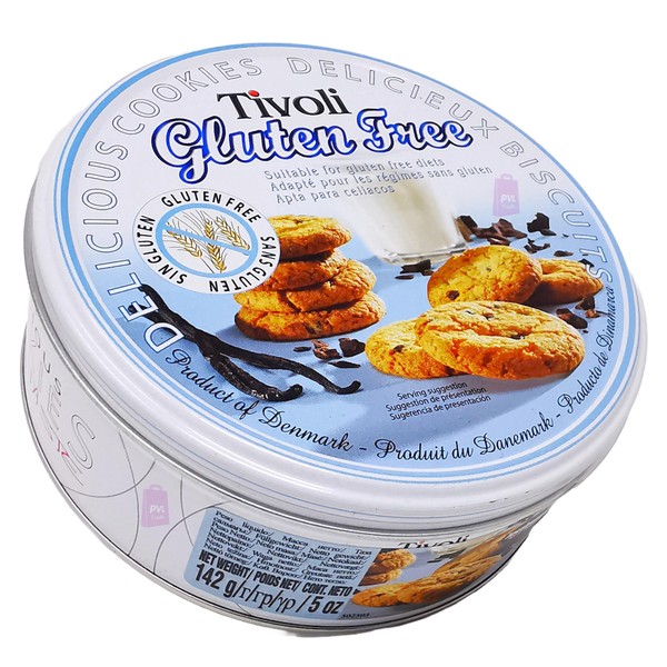 Tivoli GLUTEN FREE Chocolate Chip Butter Cookies 142g (5 Ounce) in Embossed Lid Tin - (Tin dimensions: 139mm diameter x 55mm height) - Biscuit Tin Gift for Women, Men & Kids - Valentine Gifts