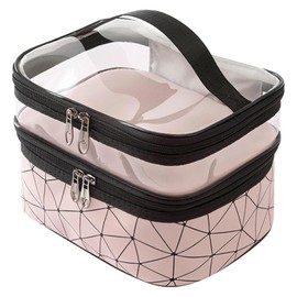 Large Capacity Double Layer Makeup Bag Portable Toiletry Bag with Compartment Travel Makeup Bag for Women Travel Essentials (Pink 23x17x16cm)