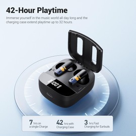 K80 - Auriculares Bluetooth 5.3 con control táctil inalámbrico con funda de carga inalámbrica y visualización LED de alimentación en la oreja con tiempo de reproducción de 42 horas, IPX5 impermeable con micrófono para TV y teléfono inteligente