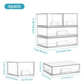 Vtopmart Stackable Storage Drawers Set of 4, Clear Plastic Organizer Bins for Bathroom Supplies,Ideal for Cabinet,Pantry,Laundry Room Organization