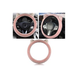 Couslcd Car Steering Wheel Cover, Cute Steering Wheel Protector with Kitty Cat Ears,Fluffy Soft Plush for Winter Warm, Universal Fit 15 inches for Car,SUV, Elastic & Anti-Slip (Pink)
