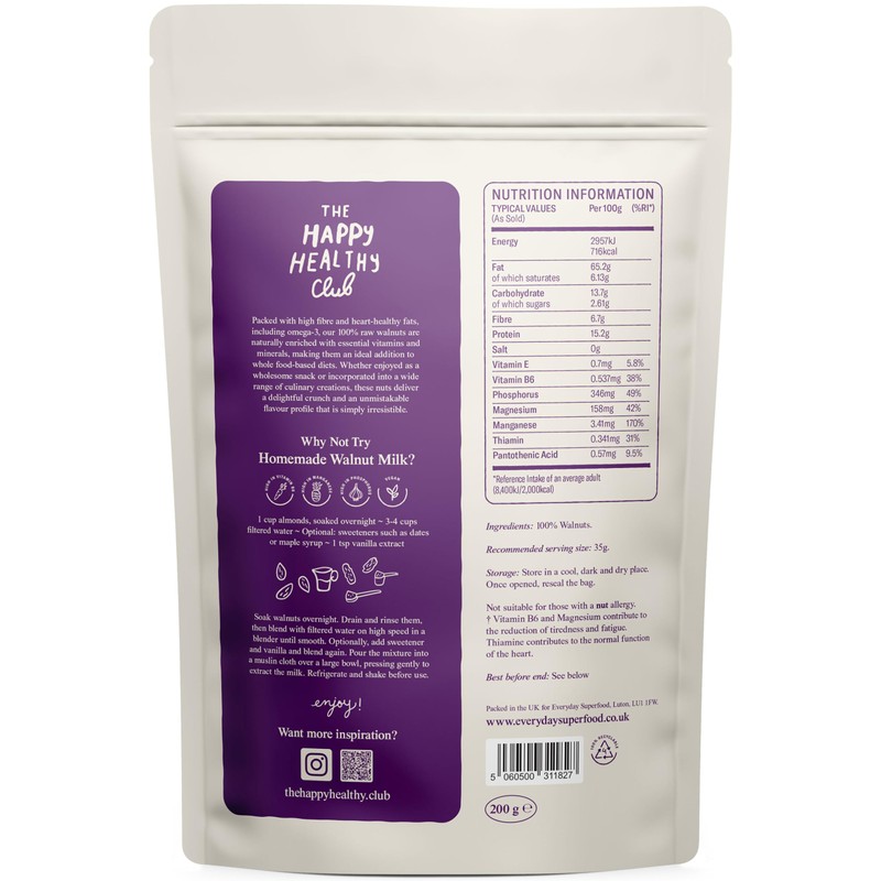 Everyday Superfood Walnut Halves 200g Natural Premium Walnut Pieces, Certified