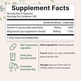 Pure Magnesium Citrate Supplements 500mg, 300 Capsules | Fat-Soluble Vitamin C Added | 100% Chelated | Supports Digestion, Muscle & Heart Health | Only Active Ingredients