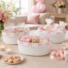 SiliFine 3 Pcs Pink Bow Gift Baskets 12 x 8 x 5 Inches Coquette Woven Rope Storage Baskets White Lace Rectangle Shelf Organizer Laundry Hamper Bin for Nursery Toy Organizing Baby Shower Wedding Decor