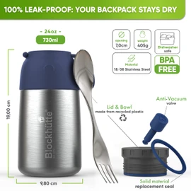 Blockhütte Stainless Steel Thermal Lunch Box for Adults and Kids I 730ml I Thermal Food Flask with Spork I BPA Free Soup Flask for 14h Hot Meals I for Porridge and Meal Prep – Blue