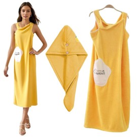 Defresit Bath Wrap Towel with Straps - Adjustable Closure Soft with Hair Towel Shower Wrap Dress Coral Velvet Bath Skirt Wrap Around Towel (Yellow)