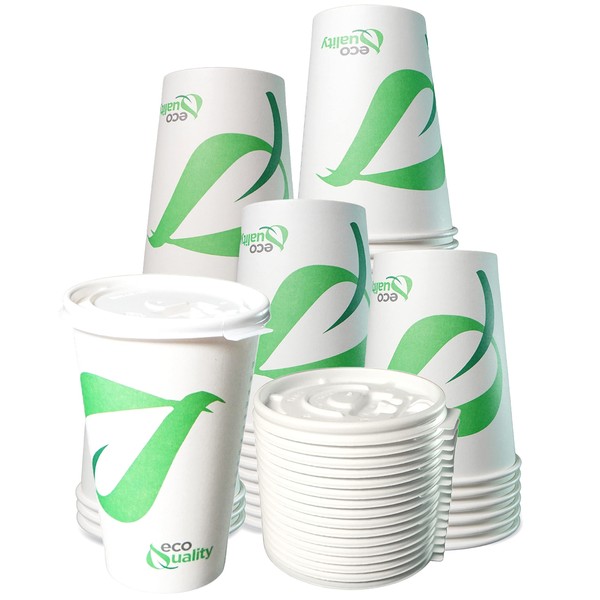 16 oz Compostable Paper Cups with White Flat Lids -