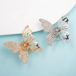 4PCS Liquid Butterfly Hair Clips - Gold Rhinestone Crystal Claw Clips for Women, Vintage Metal Jaw Clips with Sparkling Diamonds, Fancy Barrettes for Thick/Thin Hair (Rose Gold & Silver Styles)
