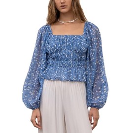 Moon River Women's Square Neck Shirred Puff Sleeve TOP, Blue Multi