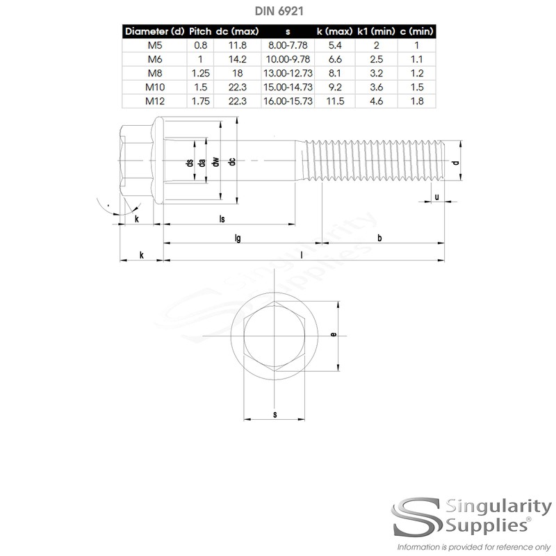 M6 (6mm x 20mm) Flanged Hex Bolt (Fully Threaded Setscrew)