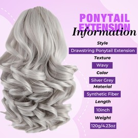 Sleekcute Clip On Ponytails for Women Ponytail Extension Natural Looking Thick Hairpiece with Easy Clip, Seamless Blend for Everyday Wear (10 Inch Silver Grey)