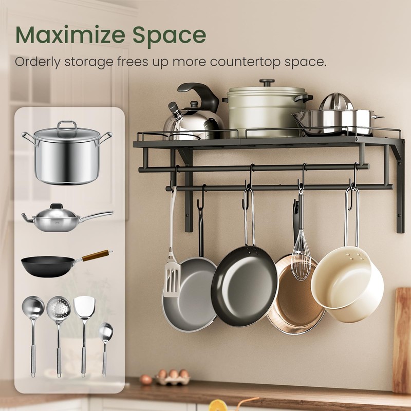 CHOEZON Hanging Pot Rack, Wall-Mounted Pot Rack, Kitchen Cookware Organizer,