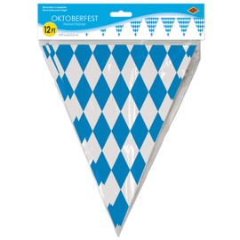 Beistle Plastic Oktoberfest Bavarian Pennant Banner for German Theme Party Supplies, 11" x 12', Blue/White