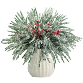 60 Pcs Christmas Snow Norfolk Pine Branches with Red Berry Stems, Snowy Artificial Xmas Branches Pine Tree Needle, Berries White Frosted Fake Greenery Norfolk Pines Stems Sprigs for Garland Home Decor