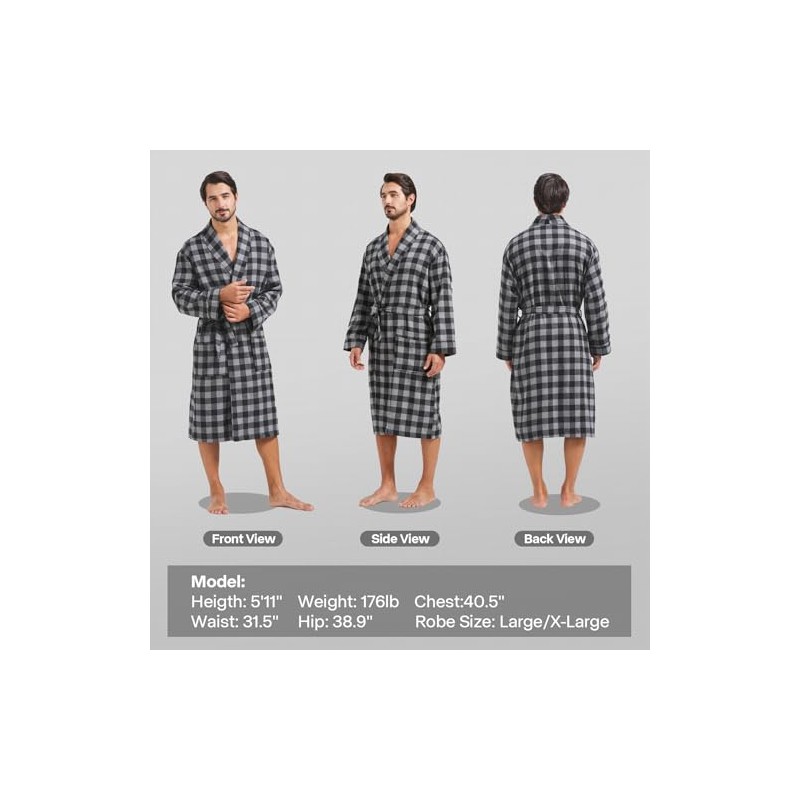 FashGudim Men's Cotton Lightweight Thin Short Dressing Gown Checked Summer