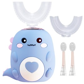 PLAYIKO Kids U Shaped Electric Toothbrush with 4 Brush Heads, 360° Sonic Automatic Toothbrush with 3 Cleaning Modes, IPX7 Waterproof Cartoon Dinosaur Design (Ages 2-12)