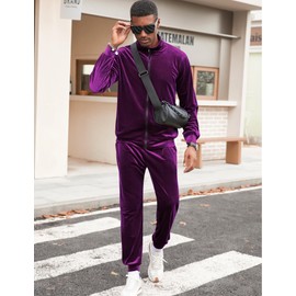 LecGee Mens 2 Piece Outfits Full Zip Velvet Long Sleeve Tracksuit Velour Casual Jogging Zipper Sweatsuit Set(Purple,Medium)