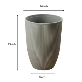 REVOLUMINI 2-Pack 19”Tall Round Planters-14”Dia Plastic Large Flower Pots for Indoor Outdoor-Vertical Stripe Resin Plant Pots for Garden,Hotel,Courtyard Decoration (Light Grey, 14 inch)