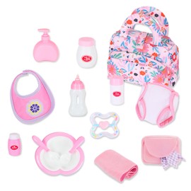 Ecore Fun Baby Doll Feeding Set with Portable Bag - 15pcs 12-18 Inch Dolls Accessories Kit, Includes Bag, Diaper, Bib, Bottle, Tableware, Towel & Care Essentials Pretend Playset