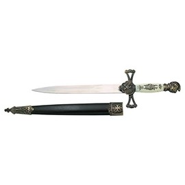 Amont Medieval Dagger 13747-1 Bronze Knob, White Handle with Black Drawing, Unofficial Replica, Overall Size 35 cm, Steel Leaf, Black Scabbard with Bronze Details