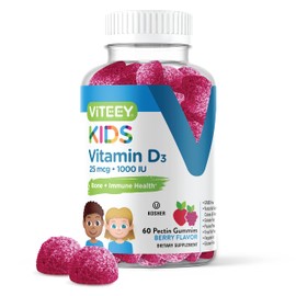 Viteey Vitamin D3 Kids Gummies 25mcg 1000 IU - Bone Health, Immune Health, Joint Muscle Support - Vegetarian, Gelatin Free, Gluten Free, GMO Free - Tasty Chewable Berry Flavored