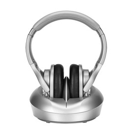 Wireless Headphones for TV with RF Transmitter & Charging Dock, Over-Ear Headsets for Seniors, No Audio Delay, 330ft Wireless Range, Support Digital Optical/RCA/AUX(Silver)