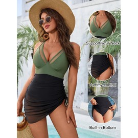 Blooming Jelly Women One Piece Swimsuits Tummy Control Swim Dress Slimming Sarong Wraps Swim Suits (L, Green and Black)