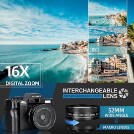 4K Digital Cameras for Photography，48MP/60FPS Video Camera for Vlogging, WiFi & App Control Vlogging Camera for YouTube, Small Camera with 32GB TF Card.Wide-Angle & Macro Lens