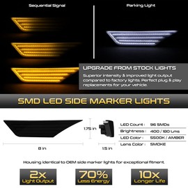 VIPMOTOZ [Switchback + Sequential Turn Signal] Full White & Amber LED Smoke Lens Front Side Marker Turn Signal Light For 2016-2021 Honda Civic, Driver & Passenger Side