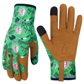MERTURN Leather Gardening Gloves for Women Garden Gloves Thorn Proof Touch Screen Design Heavy Duty Yard Working Gift Green Leaves, M