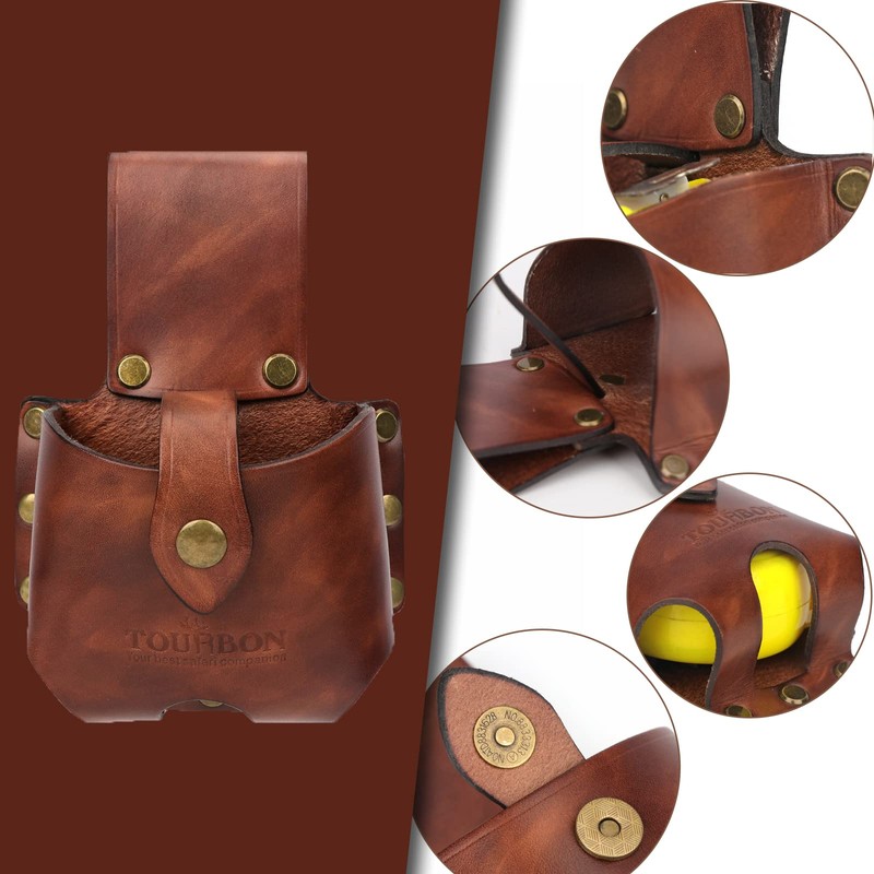 TOURBON Leather Tape Measure Pouch Belt Tool Carrier Holder (Dark