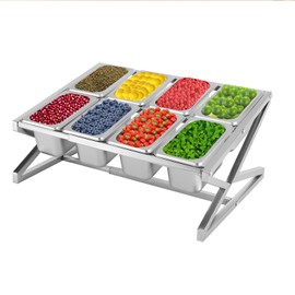 SNKOURIN Expandable Spice Rack Shelf, Stainless Steel Organizer Stand with 8 1/9 Pans 8 Ladles, Countertop Inclined Holder for Sauce Ingredients Fruits, for Kitchen Pantry Use