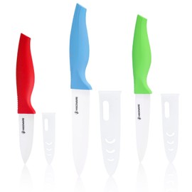 Magiware 6-Piece Ceramic Paring Knife Set with Sheaths - Sharp and Healthy (5in Utility, 4in Fruit, 3in Paring Knife) - Red