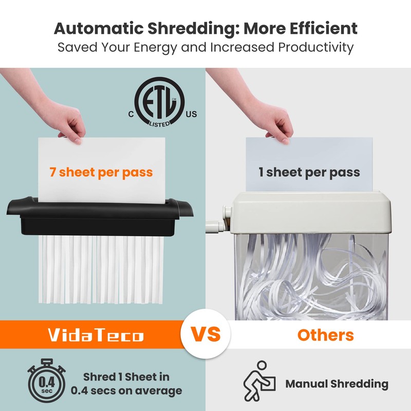 Mini Paper Shredder Without Basket,VidaTeco 7-Sheet Strip Cut Shredder for