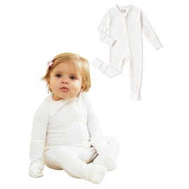 PATPAT Organic Cotton Baby Footie Pajamas with Two-Way Zipper & Fold-Over Mittens, Soft Stretchy Romper for Newborn Boy Girl, Basic White, 9-12 Months