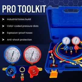 HIATSU Professional AC Manifold Gauge Set with Freon Recharge Kit - 3-Way HVAC Gauges for R134a, R32, R410a, R404a Systems