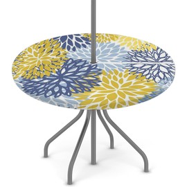 GzLeyigou Fitted Round Tablecloth with Umbrella Hole and Zipper Spring Floral Outdoor Elastic Table Cloth 36"-44" Oil-Proof Waterproof Yellow Navy Chrysanthemum Patio Table Cover for Picnic Party