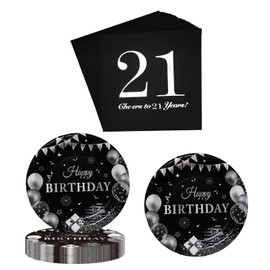AMNAMN Black and Silver 21st Birthday Party Tableware Plates and Napkins,21st Birthday Party Decorations Set Disposable Paper Napkins and Plates For Her Or Him Serve 20