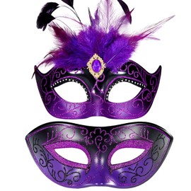 MYSEUNI 2025 Purple Masquerade Mask with Feathers for Couple - Masquerade Masks for Adults - Women Costume Mask for Mardi Gras, Cosplay Party