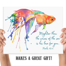 Psalm 93:4"Mightier Than The Waves of the Sea is His Love For You" Bible Verse Quote Fish Wall Art - Unframed 11 x 14 Multi Color Watercolor Splash Animal Print - Inspirational Gift under $15