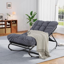 Outdoor Rocking Papasan Chair, Nursery Lounge Chair with Thick Cushions, Modern Rocking Chairs for Bedroom, Living Room, Porch, Garden, Lawn, Grey